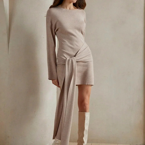 Apricot Casual Women's Crew Neck Long Sleeve Tie Hem Casual Sweater Dress - Picture 4 of 7